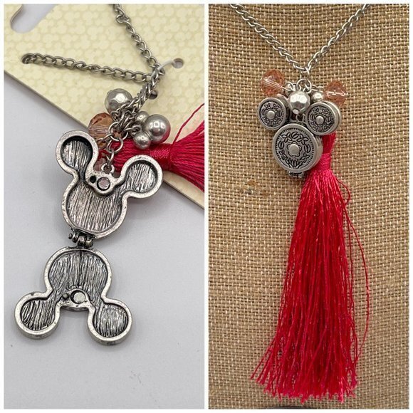 Disney Parks Silver Tone Mickey Locket With Pink Tassel Beads Necklace